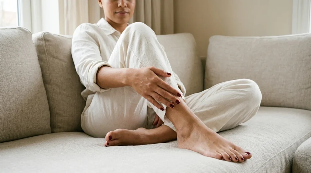 Matching burgundy nails and toenails on hands and feet