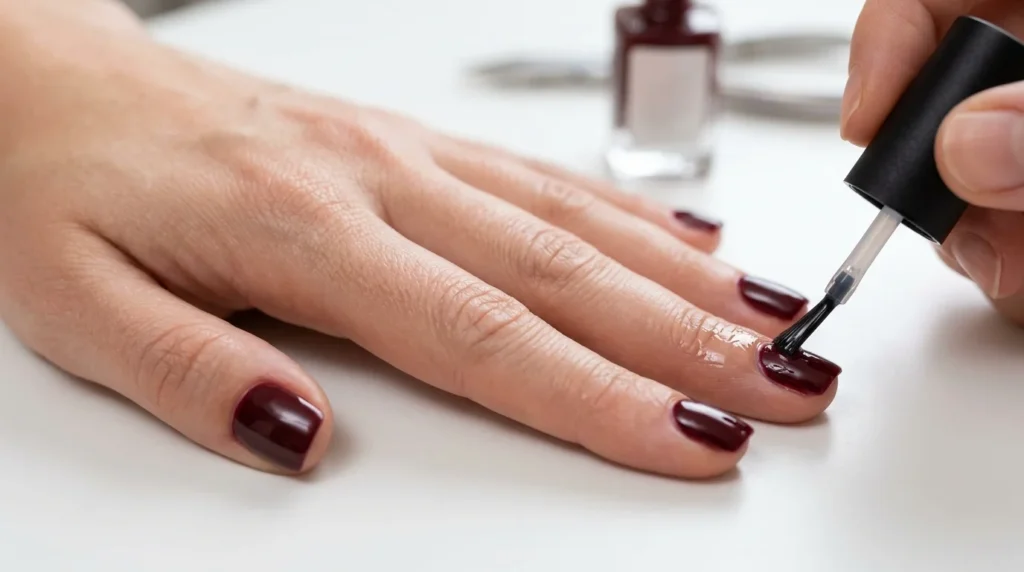 Applying a glossy top coat over burgundy nails