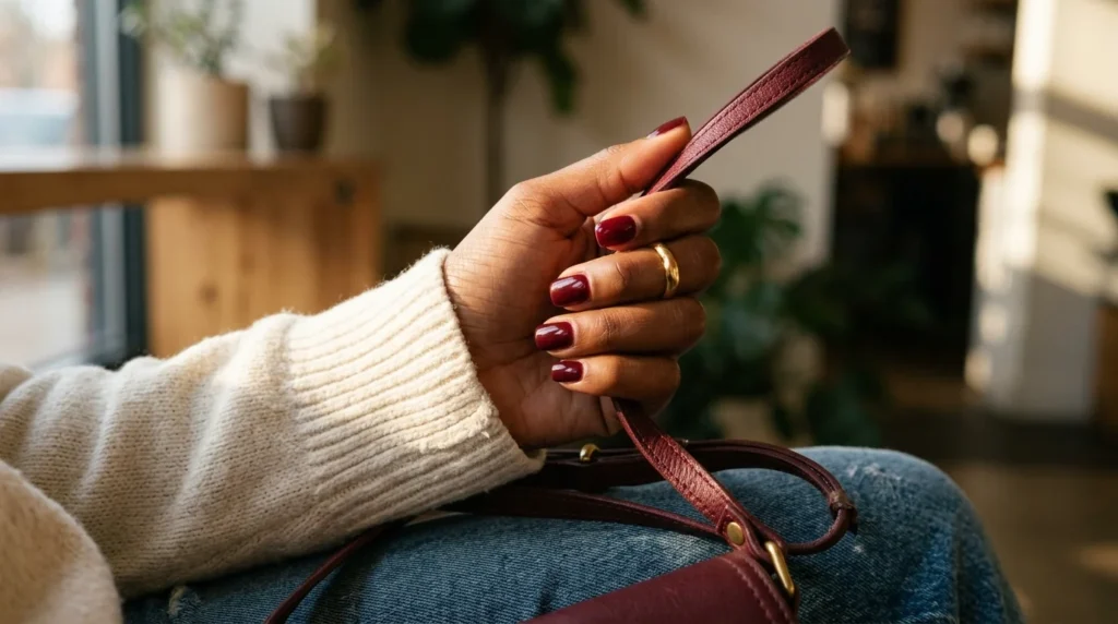 Burgundy nails styled with a cream sweater and a burgundy bag