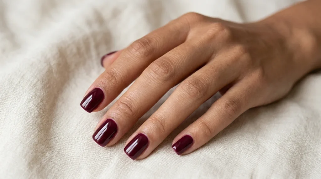 Classic glossy burgundy nails with a deep wine-red finish and a high-shine top coat